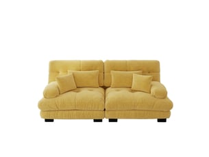 Canapé deux places jaune en chenille, canapé style nuage avec coussins, cadre en bois massif et assise profonde pour salon