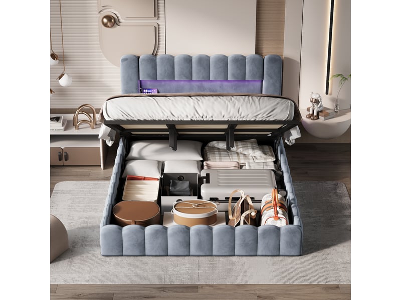  Lit coffre 2 places 180x200 cm, lit adulte avec rangement, compartiment, led, design simple, port usb, velours gris  - Conforama C
