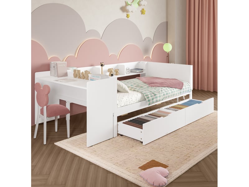  Lit simple 90x200 cm avec bureau, étagères et 2 tiroirs, coloris blanc  - Conforama B