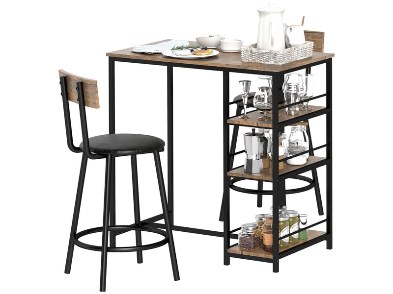  Ensemble de salle à manger 3 pièces avec table de bar et 2 chaises, petit ensemble de cuisine avec étagères latérales, mdf, métal, noir  - Conforama B
