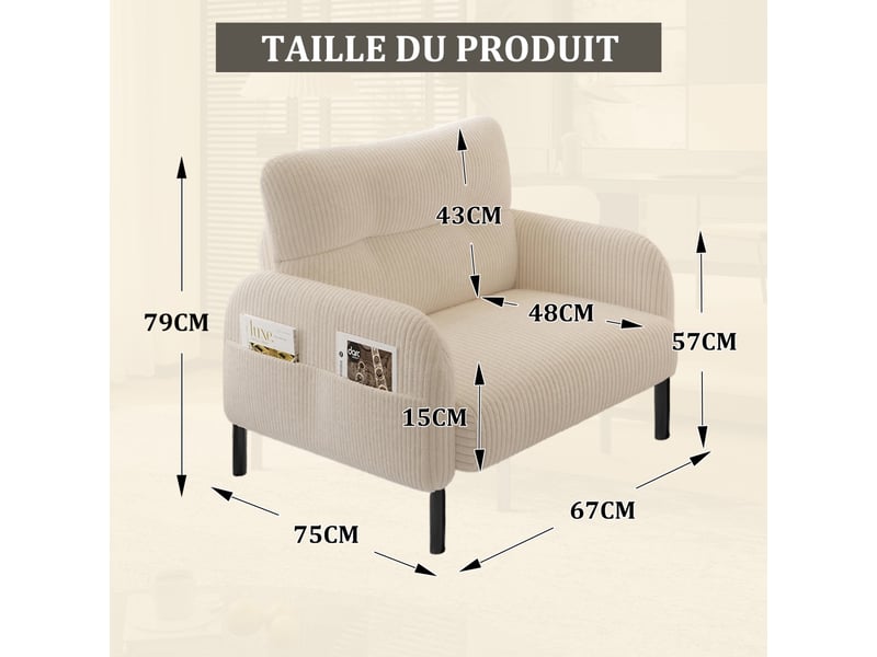  Fauteuil d'accent 67x75x79cm – fauteuil lounge individuel contemporain avec assise profonde et poches latérales double face – velours côtelé - beige  - Conforama C