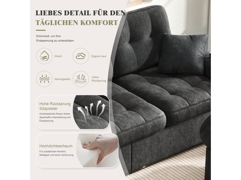  Canapé d’angle 3 places vec led pouf de rangement et ports usb et 2 tiroirs en chenille noir 194,5x133x83 cm BUYDEEMEUS - Conforama E