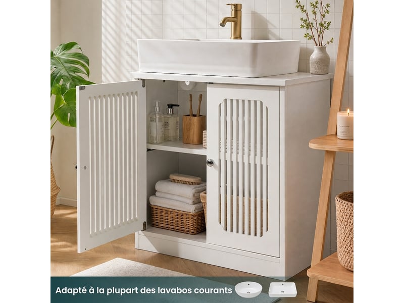 Meuble sous lavabo sans lavabo sur pied avec portes persiennes blanc  - Conforama D