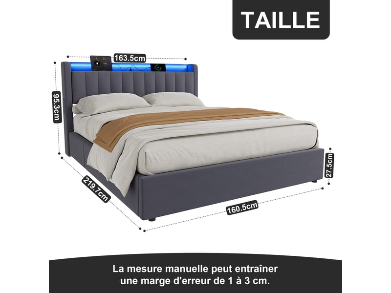  Lit coffre 2 places 160 x 200 cm cm avec led et usb, velours, gris foncé  - Conforama C