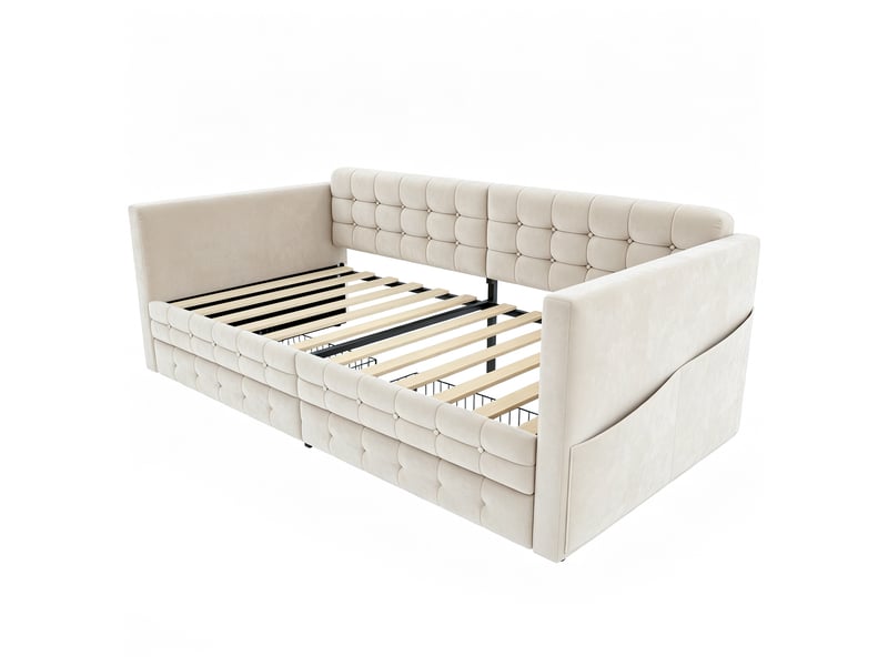  Lit canapé velours beige 90x190 cm motif capitonné avec 2 tiroirs et rangements  - Conforama E
