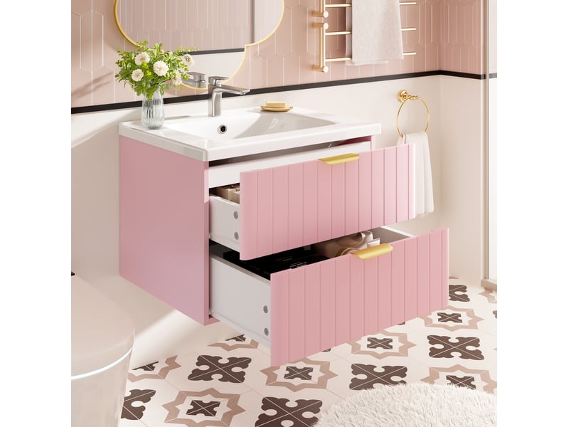  Meuble de salle de bain suspendu rose avec vasque. Meuble sous lavabo 60 cm avec rangement, structure mdf et céramique, rose et blanc.  - Conforama B