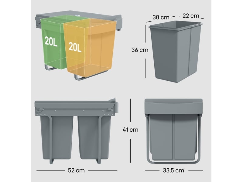  Poubelle encastrable coulissante 52 x 33,5 x 41 cm – grise – 2 bacs amovibles de 20 l, tri des déchets  - Conforama C