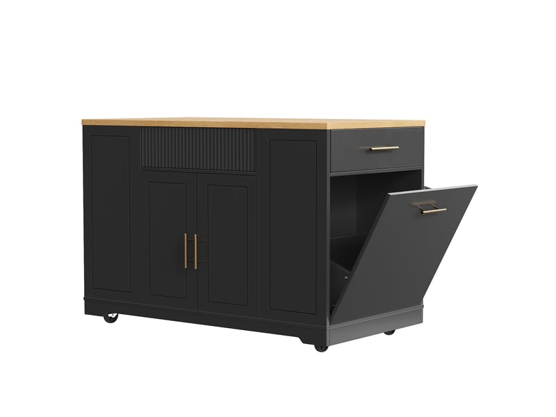  Îlot de cuisine sur roulettes 120x50x92 cm avec compartiment poubelle, 2 portes et 3 tiroirs, chariot de service noir  - Conforama W