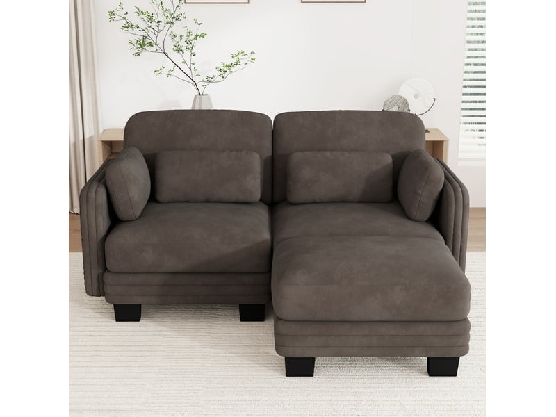  Canapé d’angle modulable 2 places 176x143x88 cm avec pouf en chenille marron  - Conforama E
