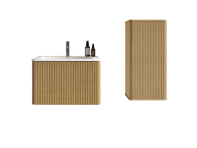  Meuble salle de bain avec vasque 60 cm suspendu - rangement mural avec colonne, effet chêne  - Conforama A