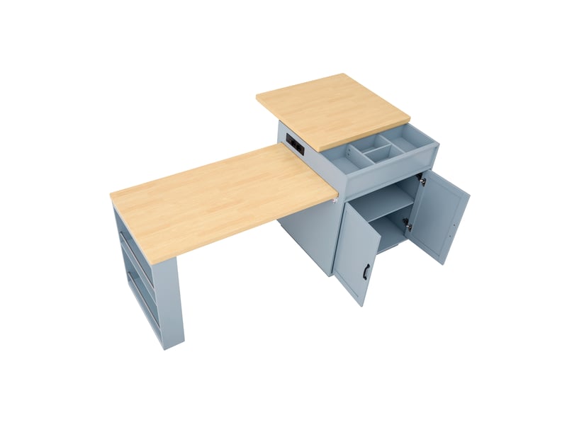 Îlot de cuisine sur roulettes avec éclairage led – table extensible et équipé de prises électriques, mdf bleu  - Conforama E