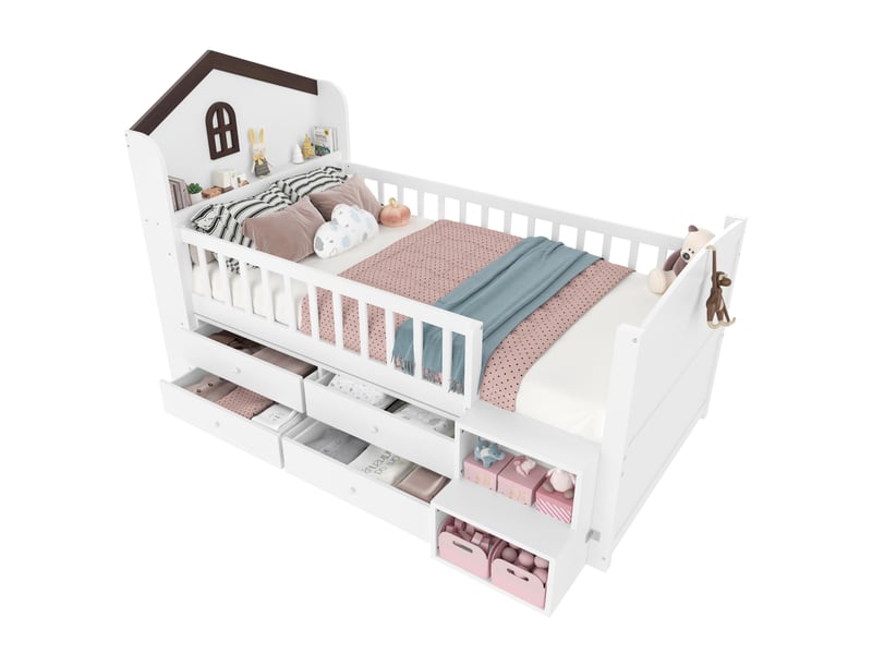  Lit enfant mi-hauteur 90x200 cm avec 4 tiroirs et led blanc  - Conforama A