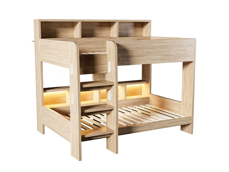 Lit superposé enfant 90x200 cm bois naturel, étagères, échelle large, led et prises intégrées IKSETERA TRADING LTD - Conforama A