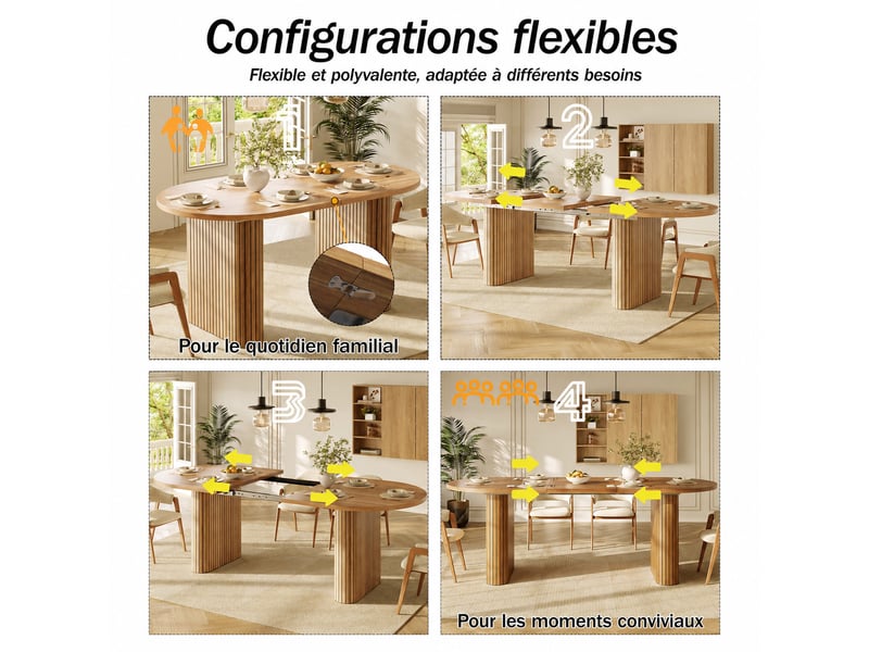  Table à manger ovale extensible 120-160x80x75,5 cm, pieds à relief vertical, mdf et métal, 4 à 6 personnes - marron  - Conforama E