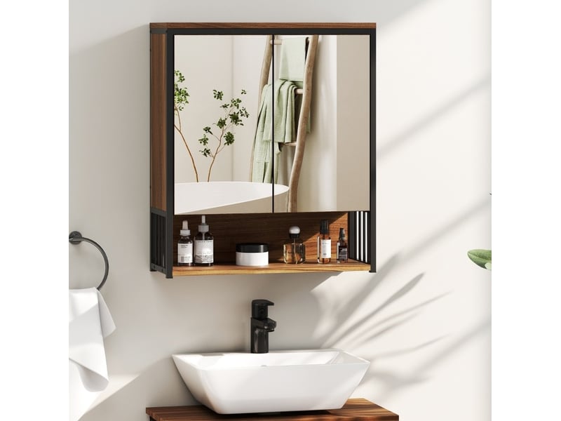  Meuble miroir de salle de bain 56x65x20 cm portes à fermeture douce mdf et panneau de particules marron  - Conforama C