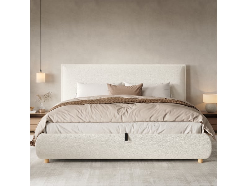  Lit double 180x200 cm hydraulique avec grand espace de rangement bouclé blanc sans matelas  - Conforama C