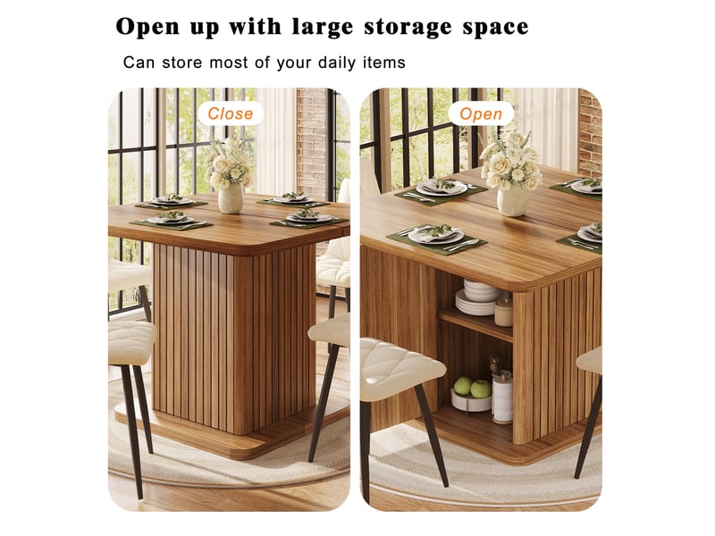  Table à manger carrée 80x80x76 cm, rangement intégré, 4 personnes, mdf métal décor bois brun foncé  - Conforama E