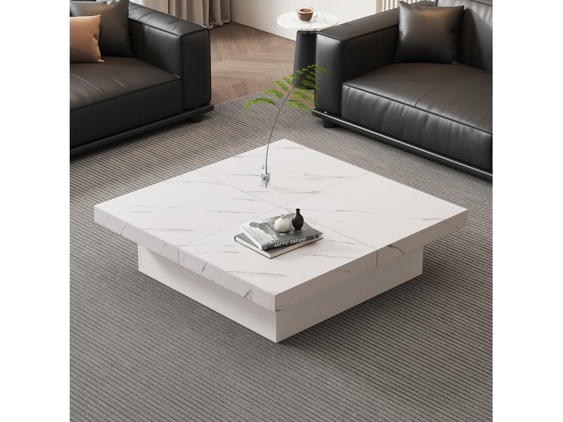  Table basse carrée 90 x 90 x 25 cm plateau coulissant effet marbre 4 tiroirs charge 30 kg panneaux particules blanc  - Conforama D