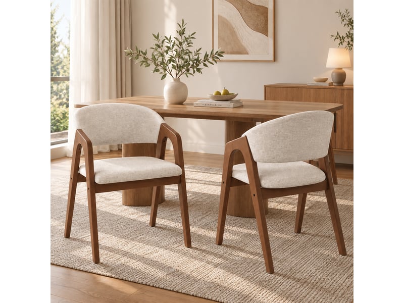Lot de 2 chaises de salle à manger 55.5x60x83cm, assise confortable et respirante, style moderne, bois massif et tissu lin, noyer et beige avoine evarich - Conforama B