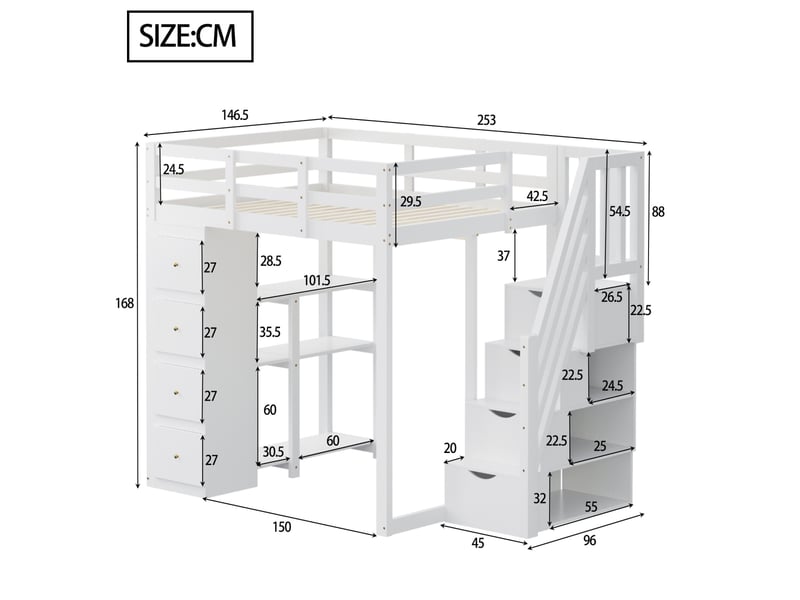  Lit enfant 140x200 cm - lit mezzanine 140x200 - avec commode 4 tiroirs - étagères de rangement - escalier de sécurité et espace - mdf - blanc  - Conforama C