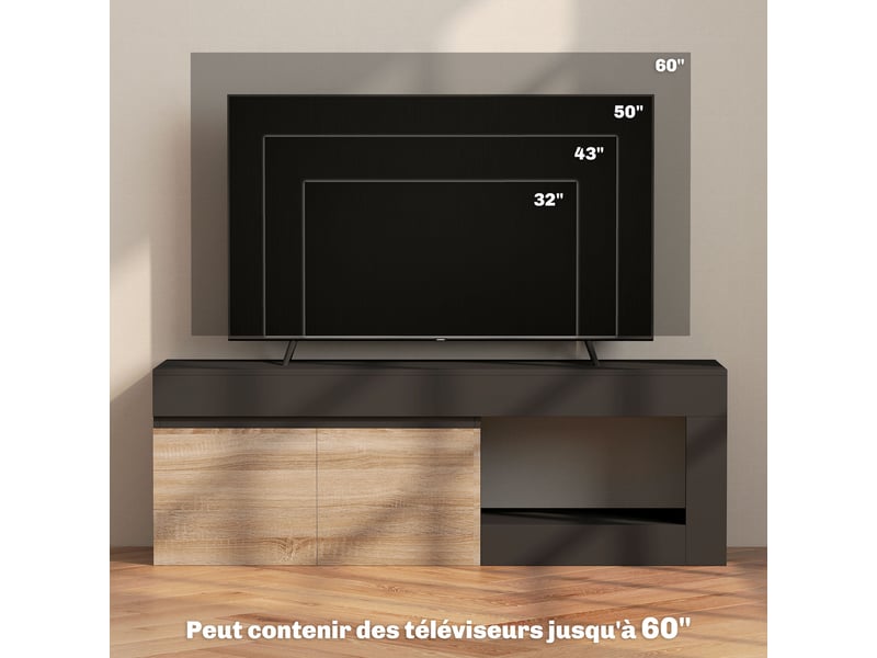  Meuble tv 2 portes pour téléviseurs jusqu'à 60 pouces, noir, meuble télé avec placard et étagère ouverte  - Conforama W