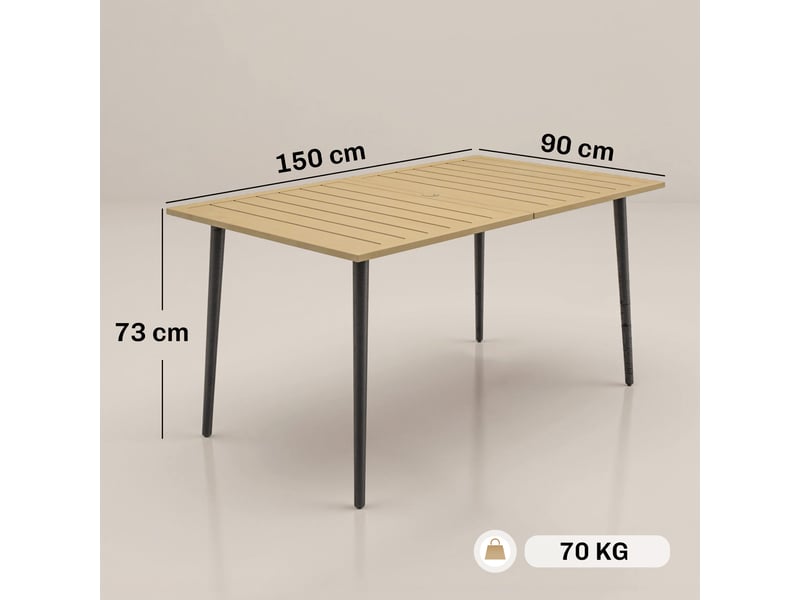  Table de jardin 150 x 90 cm, table de balcon résistante aux intempéries en acier, avec trou pour parasol, marron  - Conforama E