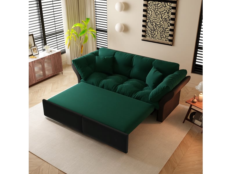  Canapé-lit convertible 3-en-1 modenvie 190 x 85 x 91 cm, 2 places, en velours vert avec 2 coussins  - Conforama D