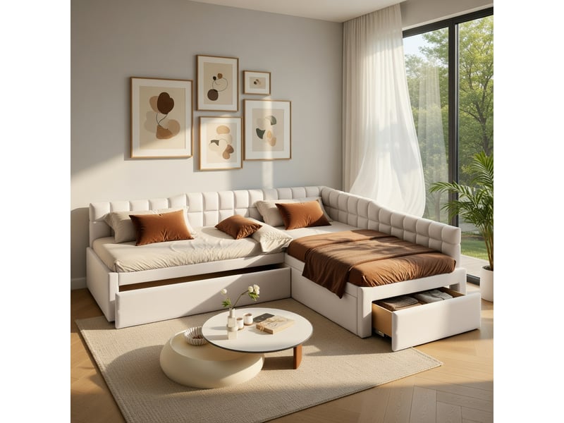  Lit d'enfant 90 x 200, avec lit gigogne, tiroirs et revêtement en velours doux, beige  - Conforama B