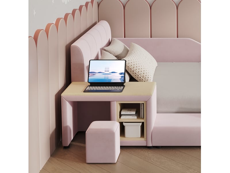  Lit enfant, 140x200 cm, espace nuit, avec bureau, tabouret, tablette, lattes, matelas non inclus, bois, coloris rose  - Conforama E