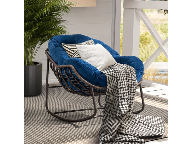  Cocon - fauteuil à bascule en rotin naturel - forme œuf et coussin bleu - confortable pour salon, véranda ou chambre  - Conforama B