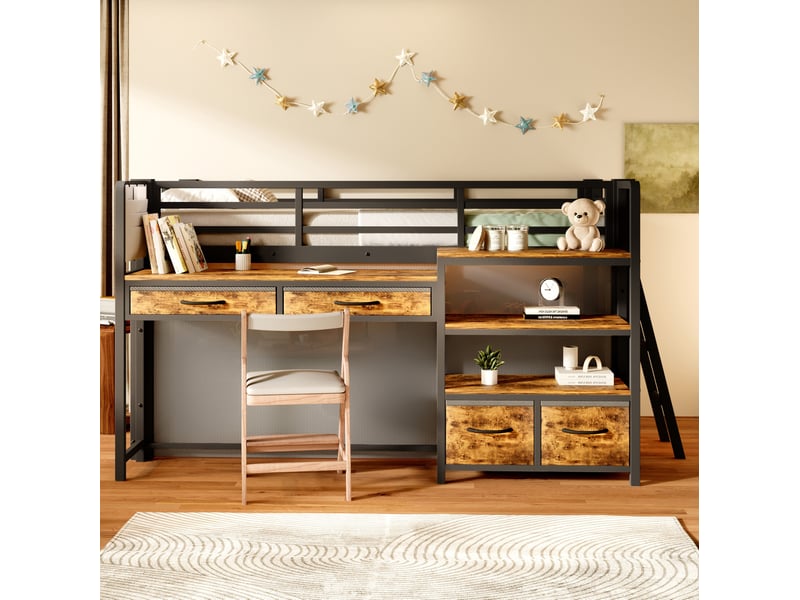  Lit mezzanine 90 × 200 cm avec bureau, étagères, tiroirs en tissu, rideau et éclairage led pour chambre d'enfant  - Conforama E