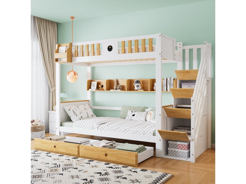 Lit superposé 90x200cm, lit enfant avec compartiments, tiroirs, espace de rangement, barrière de protection, blanc et naturel - Conforama B