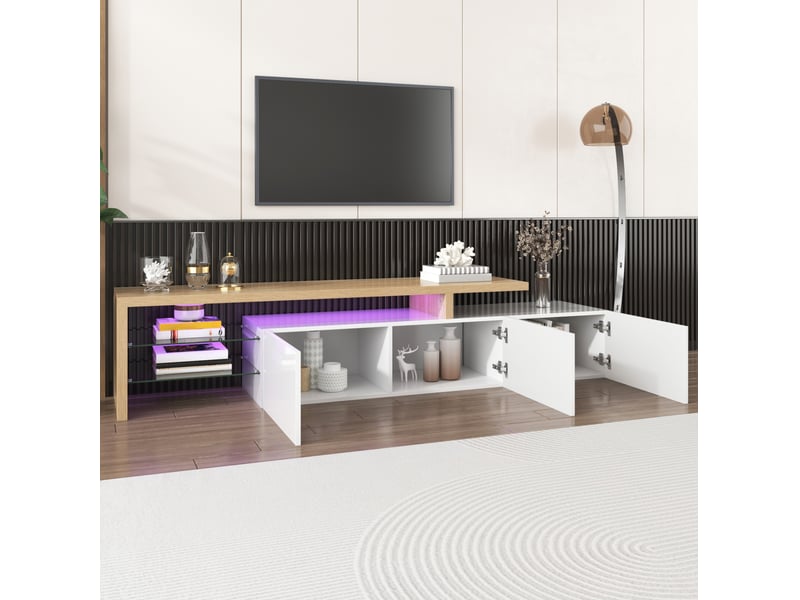  Meuble tv modenvie moderne 197,5 x 39 x 42 cm mdf et verre blanc et décor bois led 7 couleurs  - Conforama D