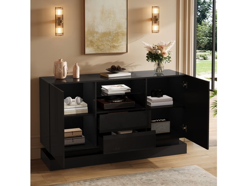Buffet 140x40x80 cm avec led contrôlée par application en panneaux de particules noir - Conforama C