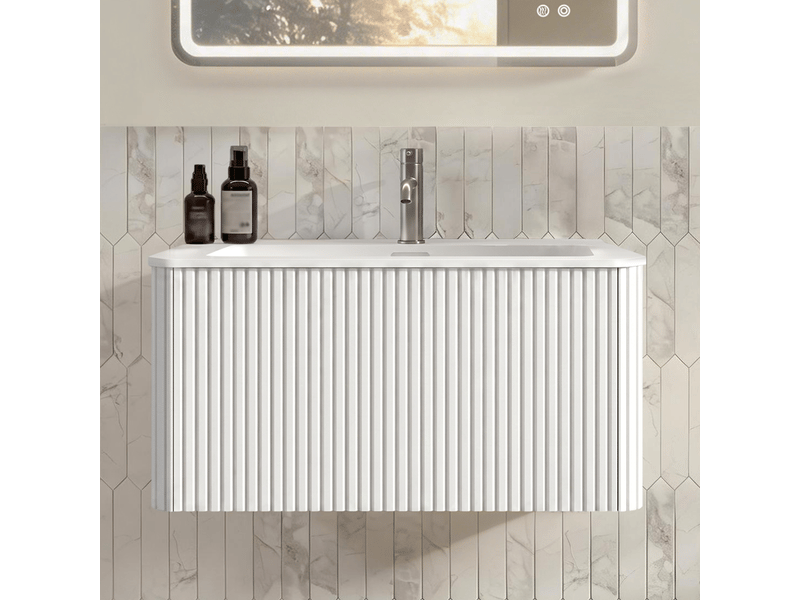  Meuble sous vasque avec tiroirs et vasque à poser, design rainuré, mdf blanc, pour salle de bain, 93,5×55×47 cm  - Conforama E