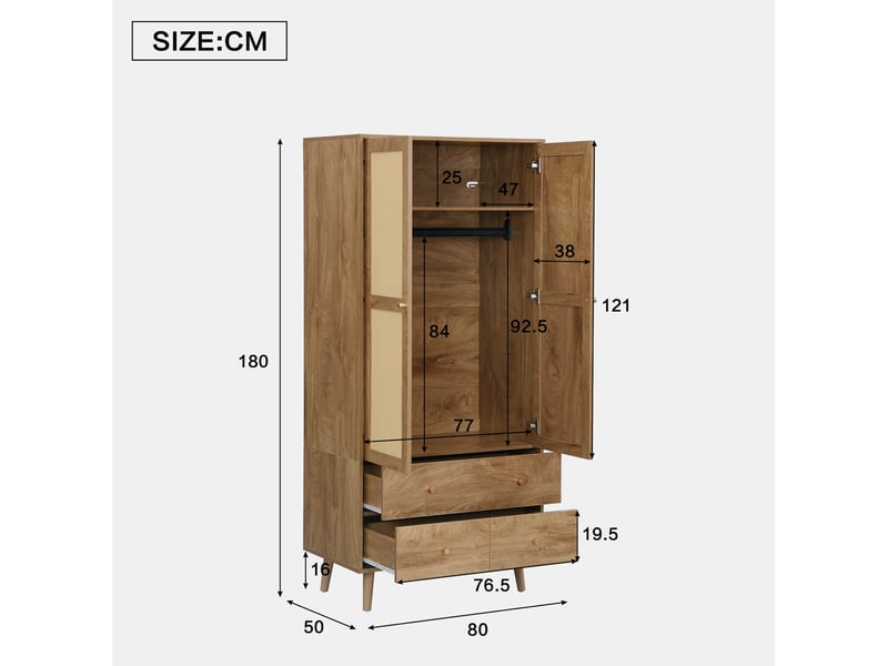  Armoire 80x50x180 cm avec penderie, 2 tiroirs et décor rotin coloris noyer naturel  - Conforama C
