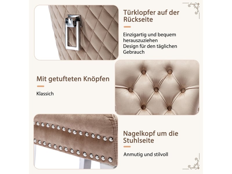  Lot de 6 chaises de salle à manger avec dossier heurtoir unique, piètement métal, revêtement velours beige  - Conforama D