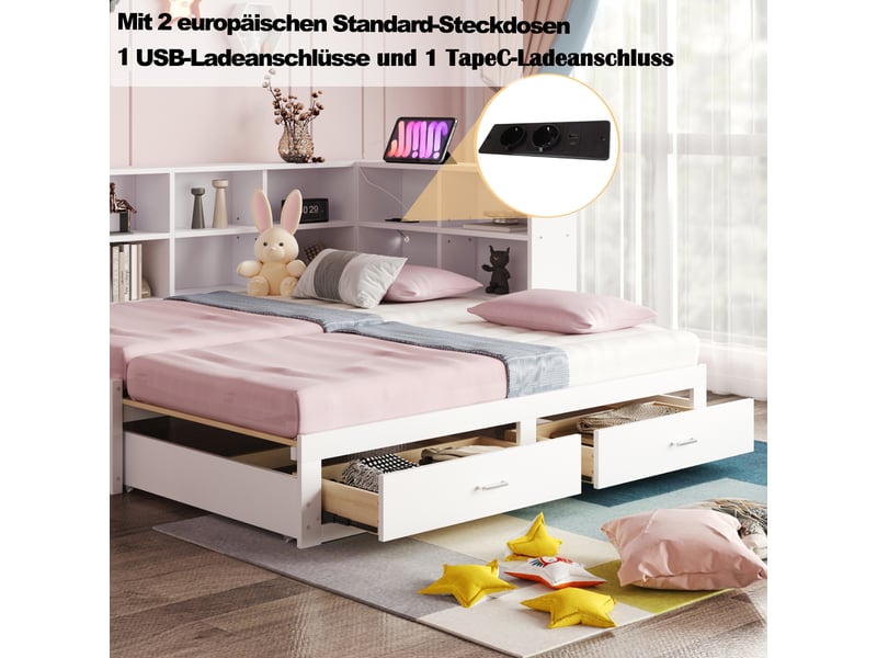  Lit simple multifonction 90180*190cm, couchage escamotable, rangements, prise intégrée, bois massif blanc  - Conforama C