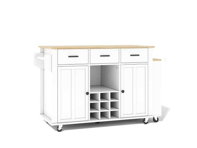  Île de cuisine mobile – plan de travail extensible, chariot 3 tiroirs, range-bouteilles, usb, 7 roues, blanc-chêne  - Conforama A