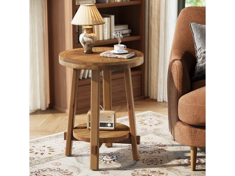  Table d'appoint en bois massif, table de canapé ronde à 2 niveaux, 50 cm, petite table basse de style champêtre pour salon, chambre et petits espaces  - Conforama D