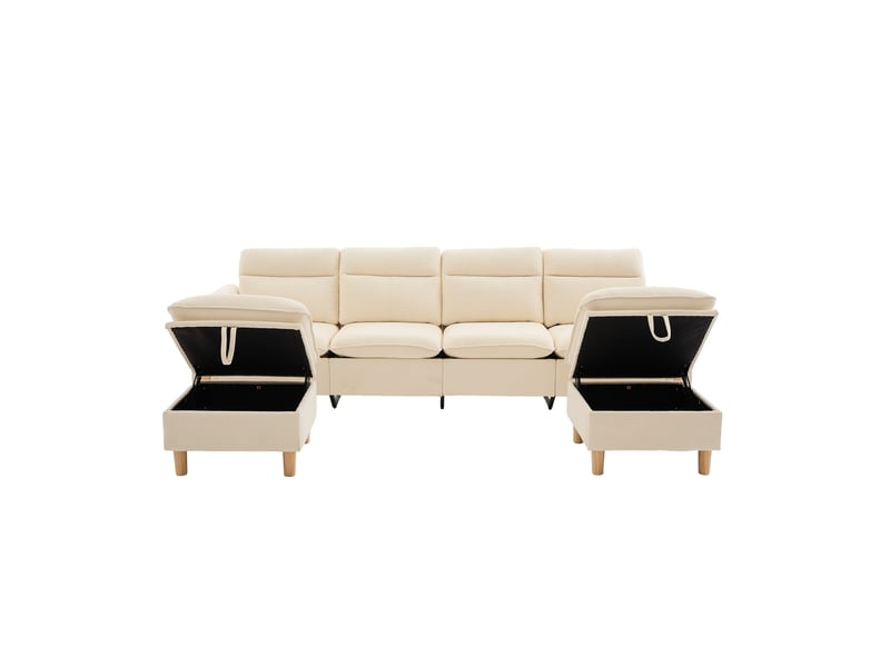  Grand canapé en u avec 2 poufs à rangement, modulable 4 places, pieds en bois, chenille beige  - Conforama A