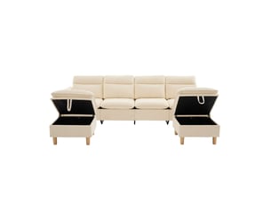 Grand canapé en u avec 2 poufs à rangement, modulable 4 places, pieds en bois, chenille beige