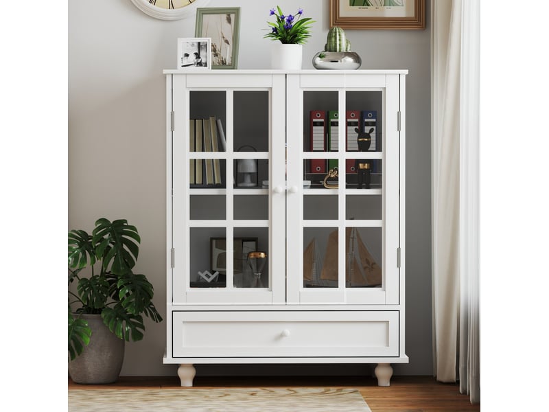 Buffet haut 2 portes vitrées avec tiroir 71x38x93 cm mdf blanc - Conforama W