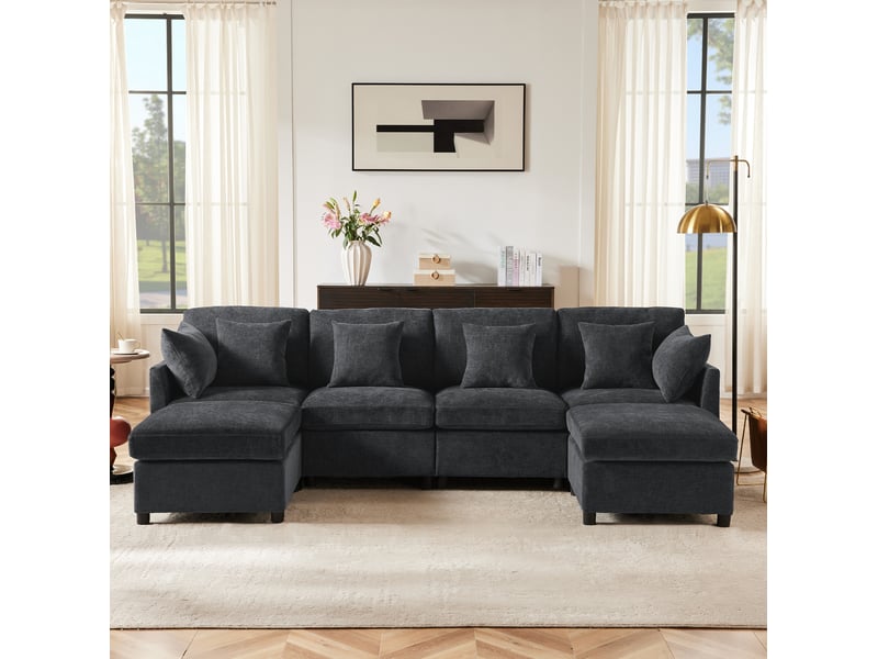  Canapé modulable ulevr 4 à 6 places convertible en u ou l, 278 x 161 cm, 2 poufs, chenille gris  - Conforama E