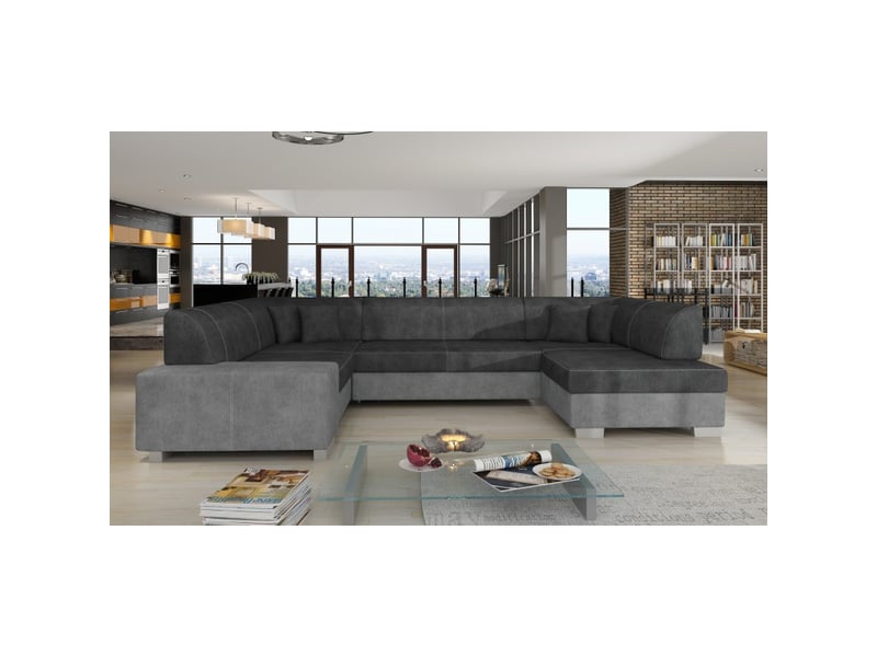  Canapé panoramique en u gris béton convertible 6 places havane mécanisme dauphin  - Conforama B