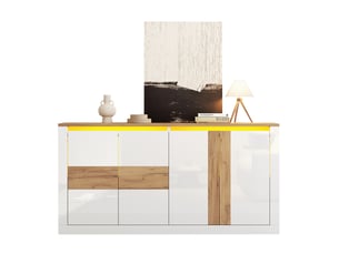 Buffet et enfilade led avec 4 portes coulissantes et étagères réglables pour salon, blanc et chêne, 140 × 35 × 70 cm
