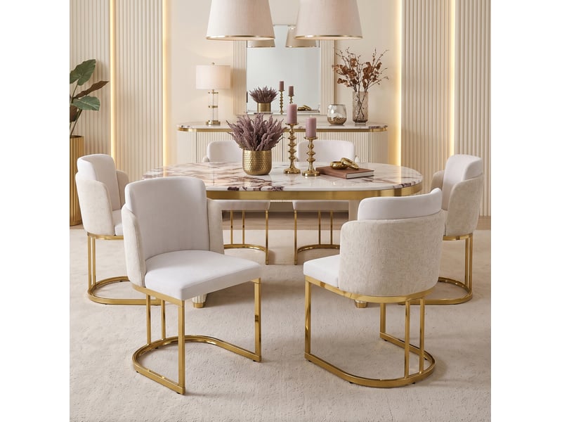  Lot de 4 chaises de salle à manger beige et doré - design moderne, dossier double, assise confortable et pieds métalliques galvanisés brillants  - Conforama B