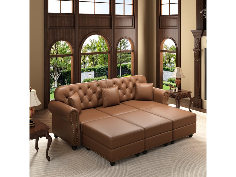  Salon chesterfield 6 places avec pouf en simili cuir marron, 210 cm Fay Lum - Conforama B