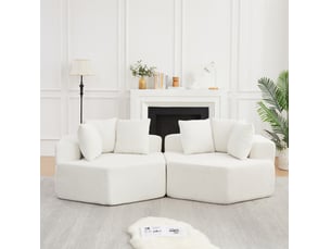 Lot de 2 fauteuils modulables compressés hexagonaux souples, assise 2 places, tissu chenille, beige, design moderne