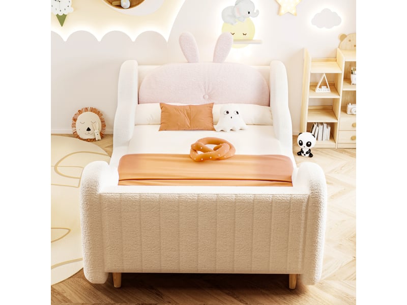  Lit enfant 90 × 200 cm 1 place avec barrières rembourrées et coussin lapin, sans matelas, blanc  - Conforama B